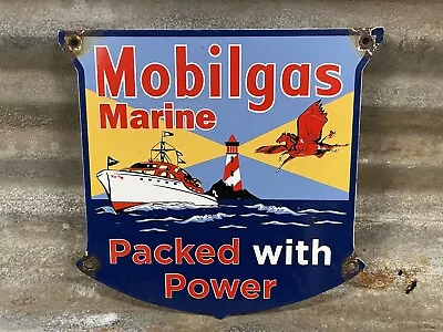 Vintage Mobil Porcelain Sign 1947 Marine Boat Fuel Gas Advertising Lake Shield • $192.40