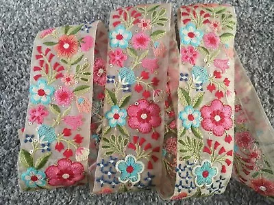 £6.25 • Buy 1 Metre Multicoloured Rainbow Flower Embroidery Indian Trim Lace Craft Ribbon