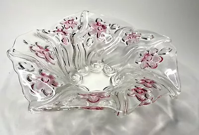 Mikasa Crystal Glass Wave Swirl Bowl Pink Raised Flowers Centerpiece 10” • $22.50