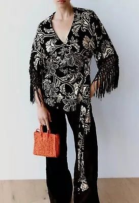Zara Womens Black Paisley Fringed Wrap Jacket Size XL • $59.99