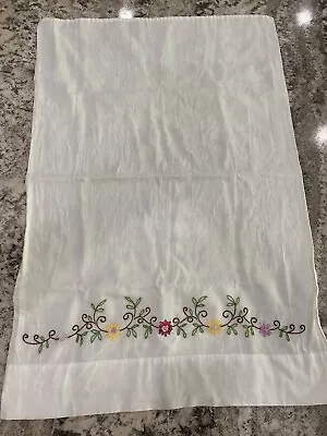 Vintage Pillowcase Standard White Floral Embroidery Cotton Linen Handmade • $10