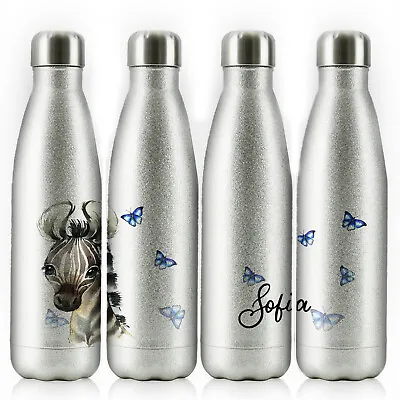 £16.99 • Buy Personalised Water Bottle;Silver Glitter Stainless Steel Flask With Name;500ml