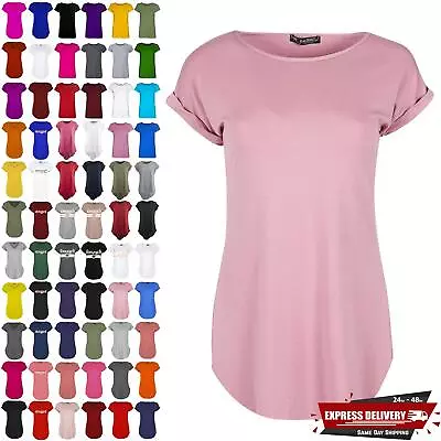 Womens Curved Hem Jersey Plain Top Ladies Round Neck Turn Up Cap Sleeve T Shirt • £2.49