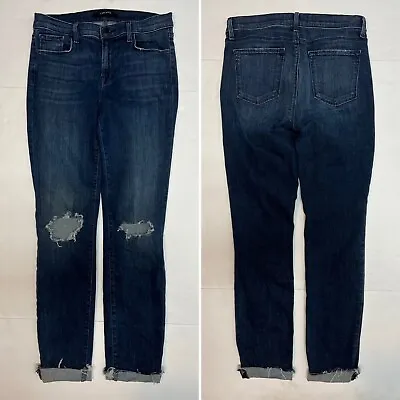 J BRAND Arcadia Skinny Leg Dark Wash Distressed Stretchy Raw Hem 29 Jeans • $44