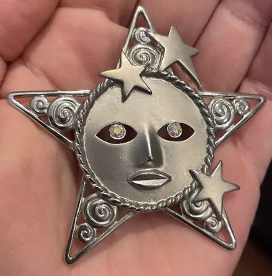 VTG Stars And Moon Face Silver Toned Rhinestone Eyes JJ Brooch Pin Unique Look • $16