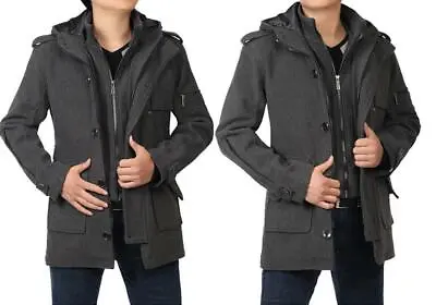 Mens Winter Coats Zip Thicken Wool Blend Peacoat Jackets Hooded Mid Long Trench  • $80.03