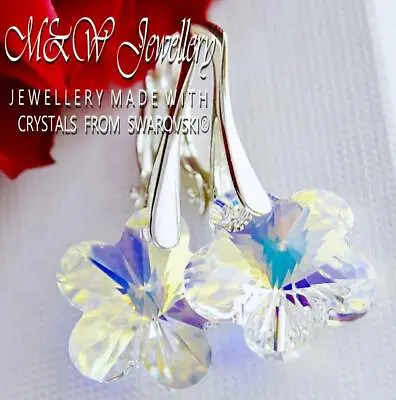 £12.99 • Buy 925 Sterling Silver Earrings Crystals From Swarovski® 14mm FLOWER - Crystal AB