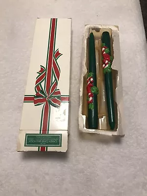 Avon Christmas Tapered 2 Candlesticks Green With Candy Canes Vintage Bayberry • $10