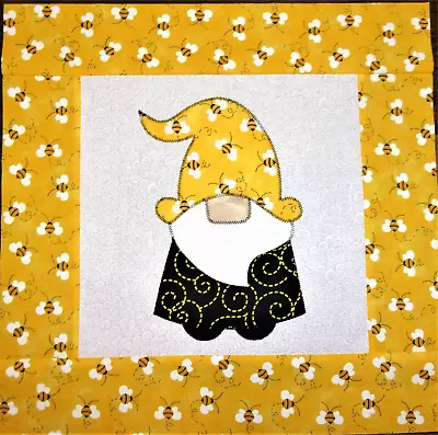 Scrappy Yellow Black Beekeeper Gnome Mini Quilt Top Only Appx. 15 ½ In. Sq #1639 • $14.99