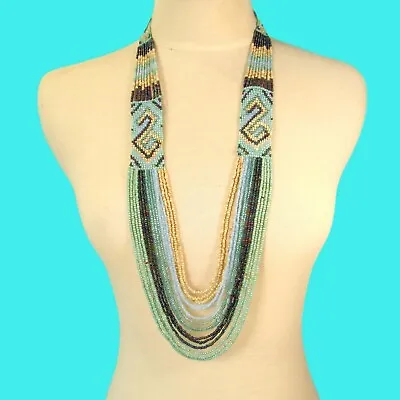 34  Waterfall Aqua Blue Multi Strand Handmade Seed Bead Statement Necklace • $15.99