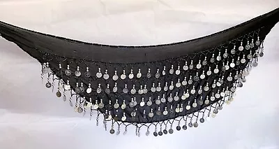 Black  Belly Dance Velvet SILVER Coins Waist  Belt Dancer Hip Scarf Wrap  5 Rows • £8