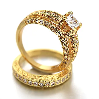 9k Gold Gf R196 Vintage Square 2ct Lab Diamond Engagement Wedding Solid Ring Set • $29.95