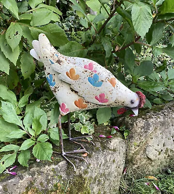 White Floral Metal Chicken Garden Ornament Hen Statue • £28.50