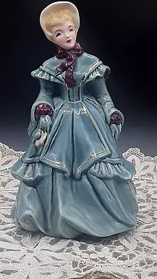 Florence Ceramics Victorian Woman “Melanie” Figurine Teal Gown Burgundy Ribbon • $28