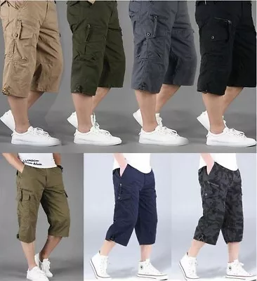Summer Mens Cargo Capri Short Pants Rope Baggy Camo Long Work Pant Multi Pocket • $16.88