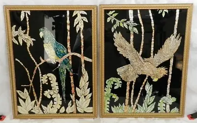 2 Vtg Reverse Glass Paintings Tinsel Foil Birds Parrot Macaw Cockatoo 13  X 17  • $67.99