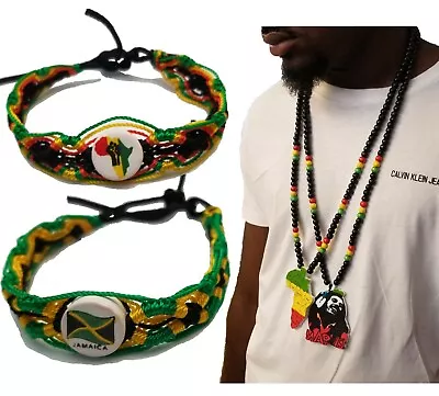 4pcs. Bob Marley Africa Pendant Necklace Bracelet Beads Wood Rasta Jamaica Gift • $29.85