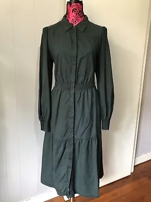 Witchery 14 Dress A Line Green Midi Long Sleeve Pockets Linen • $50