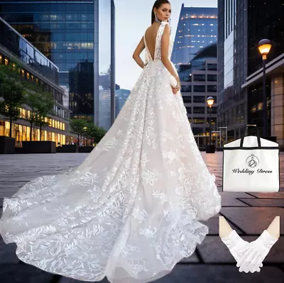 Ball Gown Wedding Dress A-line Lace Spaghetti Strap V-Neck Sequins Train • $263.99