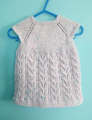 £6 • Buy Hand-knitted Baby Dress, 0-3 Months, DK Acrylic, Pale Pink With Turquoise Flecks