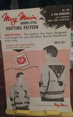 Vtg Mary Maxim Knitting Pattern 503 5-Pin Bowling Cardigan Adults Sz 38-44 • $5.89
