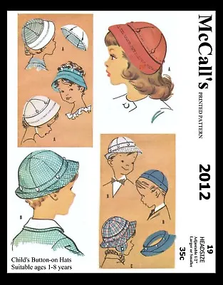 McCalls #2012 Boys Girls Hat Fabric Sewing Pattern Vintage Millinery 19  Or 20  • $4.99