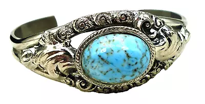 Vintage Quality Silver Tone Embossed Cuff Bracelet Glass Turquoise Matrix Oval • $7.95