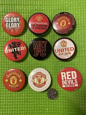 9 Manchester United Tin Button Pin Badges Crest Mufc Theatre Of Dreams Free P&p • £5.99