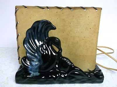 Mid Century TV Lamp Fiberglass Whipstitch Shade Black Drip Glaze Ceramic Swan • $65