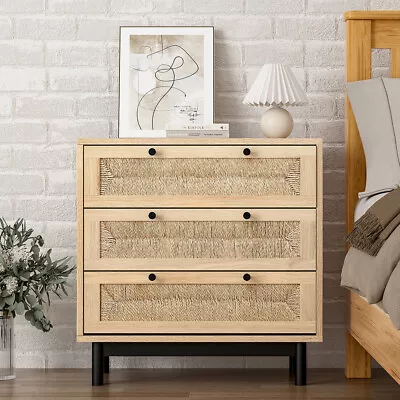 Straw Woven Storage Cabinet Wood Color Chest Of Drawers Sideboard Bedside Table • £59.95