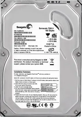 Hard Seagate Barracuda 7200.9 160GB 7200U/Min 2MB Ata ST3160212A 3.5   Inch • £37.93