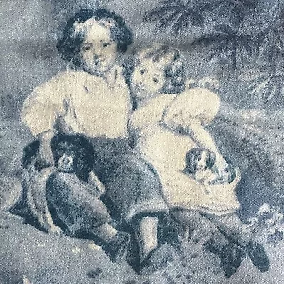 Vtg. Two Small Victorian Girls With Dogs Blue Toile Cotton Fabric W43”xL2Yards • $24.90