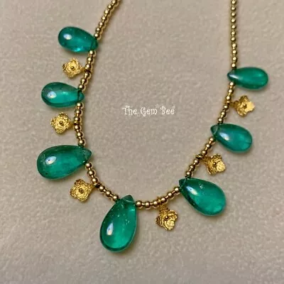 18k Yellow Gold Finest Natural Zambian Emerald Briolette Charm Necklace 14-17  • $2500