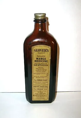 BOTTLE Glover's Mange Medicine New York USA Amber Glass Label DISPLAY Vintage • $24.99