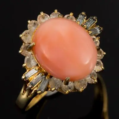 Vintage 14K Gold Plate Angel Skin Coral Ring Aquamarine Lab Created Diamonds 7 • $65.57