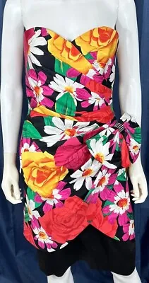 90s Strapless Vibrant Floral 8 Dress AJ Bari Slit Bow 28” Waist Criss Cross • $58.88