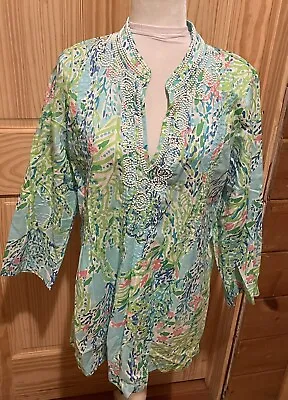 Lilly Pulitzer 100% Cotton MultiColor Beaded V-Neck Tunic Blouse Size Large ~EUC • $37.99