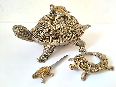 Vintage Brass Bejeweled Turtle Lidded Keepsake Box Letter Opener & Magnify Glass • $49.99