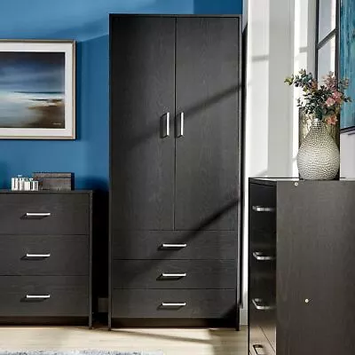 Black Wardrobe 2 Door 3 Drawer With Hanging Rail And Storage Shelf Bedroom Unit • £111.99