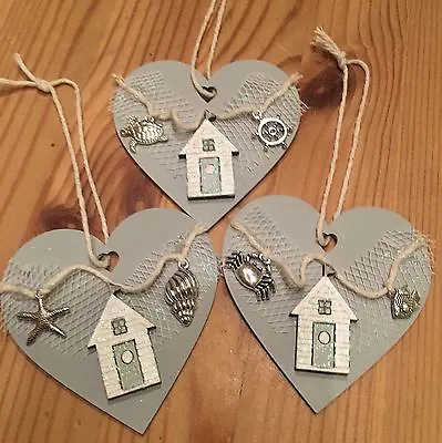 £6.99 • Buy Nautical Hanging Decorations X 3 Shabby Chic Wood Heart Embellishments Grey
