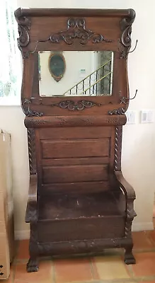 ANTIQUE AMERICAN EARLY 19 C.OAK HALL TREE W/ CLAW FEET & BEVELED MIRROR • $2800