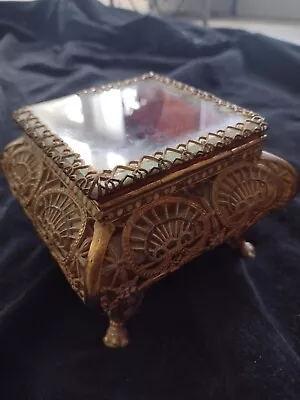 Vintage Lidded Glass Ormalu Filigree Box Casket Jewelry Box • $24.30