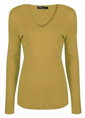 Ladies Womans Basic Long Sleeve Plain V Neck Stretch Top T Shirt Plus Size 8-26 • £4.99