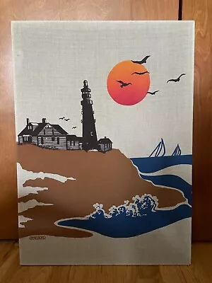 Vtg Screen Print~Marushka Style~lighthouse Nautical Beach Sunset Boats 36x26  • $114.97