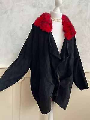 Vintage 1980's Black Real Suede Leather Red Faux Fur Collar Batwing Coat XLarge • $43.50