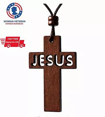 Wood Cross Pendant Necklace Men's/Women's Fashion Necklace JESUS Name Hollowed • $12.99