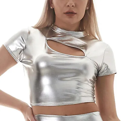 £16.91 • Buy Women Metallic Shiny Tank Top Short Sleeve Dance T-shirt Hip Hop Party Clubwear