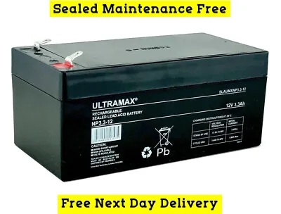 Ultramax 12v 3.3Ah 12 Volt 3.2Ah SLA Burglar Intruder Fire Alarm Battery • £14.95