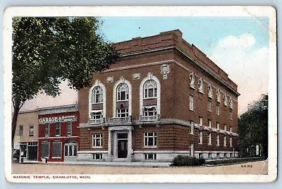 Charlotte Michigan MI Postcard Masonic Temple Exterior Roadside C1920s Antique • $29.95