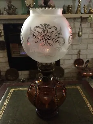 Antique Oil Lamp -amber Glass. Crown Base With Etched White Shade • £40